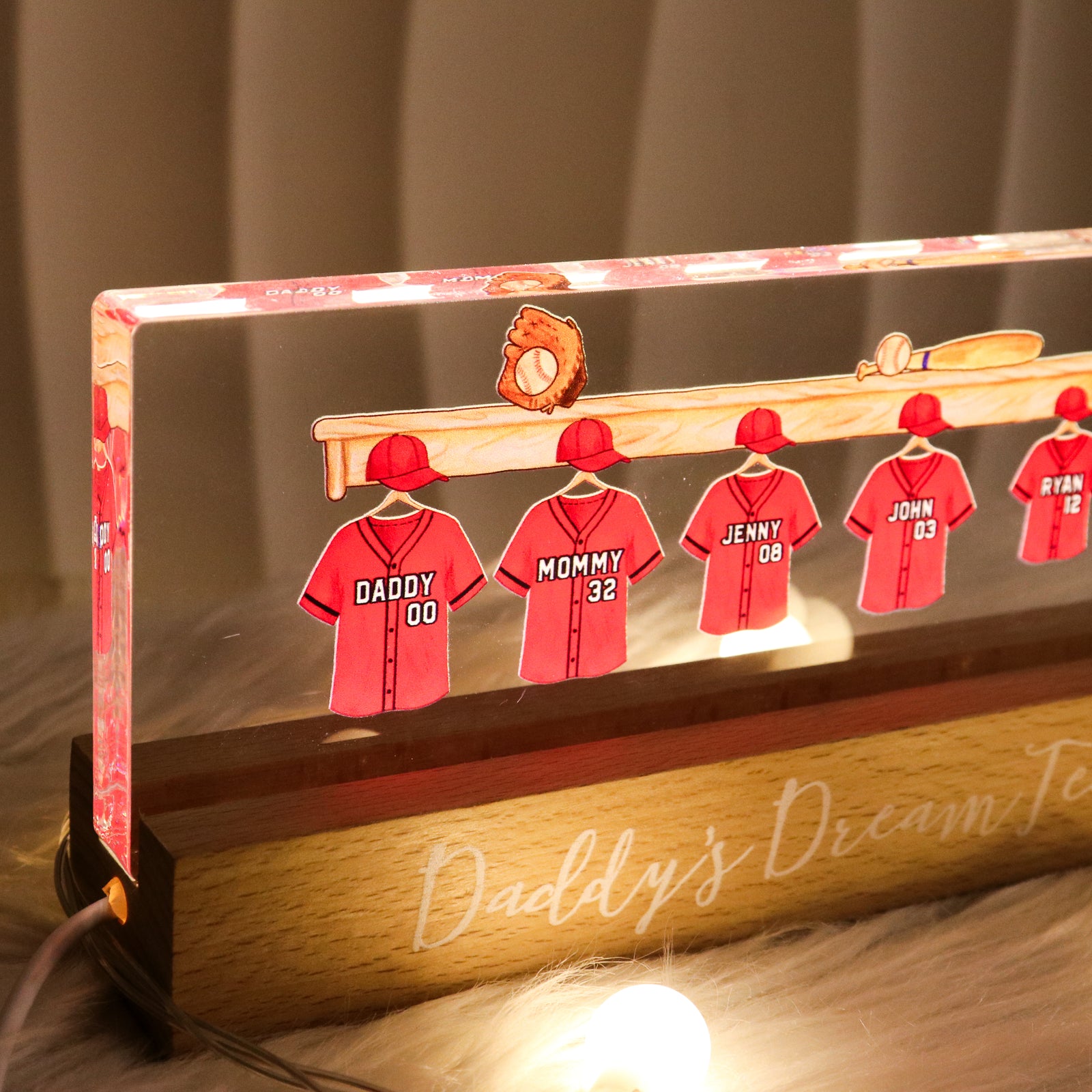 Daddy's Baseball Team Personalized Acrylic Block LED Night Light