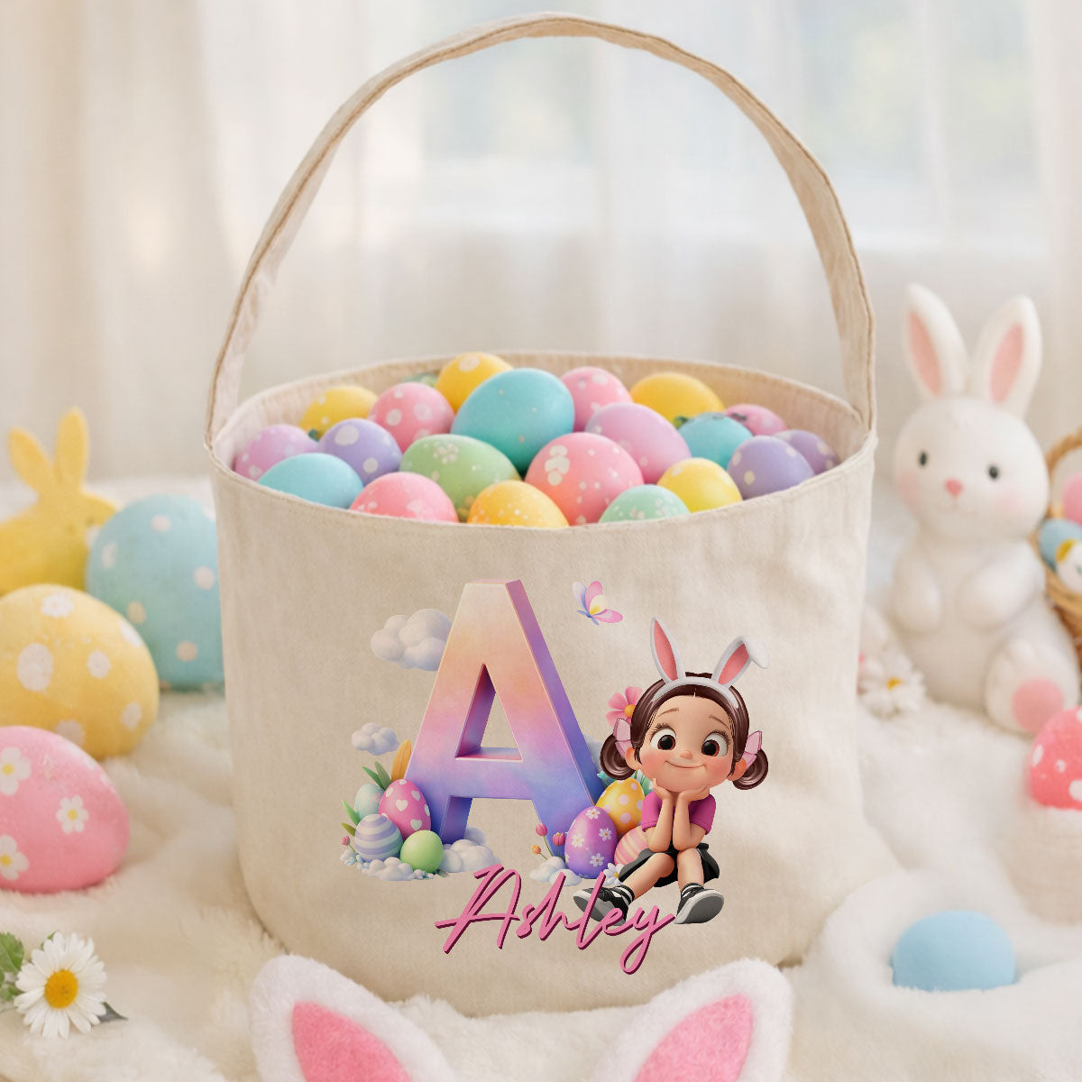 Kids Sitting With Initial Letters Easter Egg Hunt Bag - Personalized Bucket Bag - Gift For Kids, Grandkids, Easter Gift