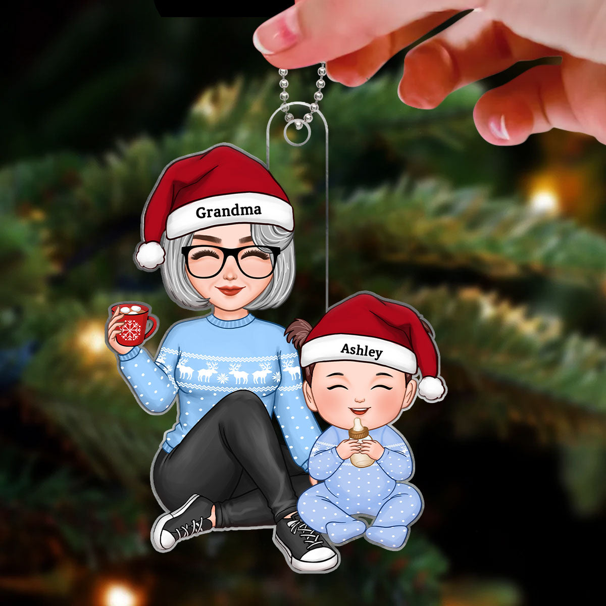 Cute Grandma & Grandkid Sitting Christmas Gift For Granddaughter Grandson Personalized Acrylic Ornament