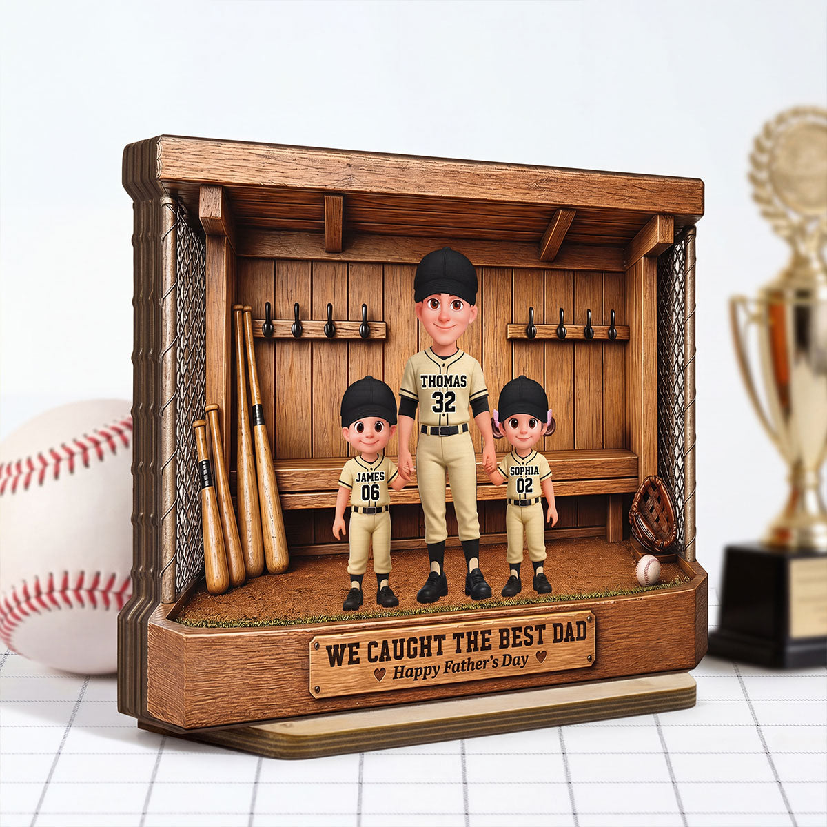 Baseball Dugout Dad And Kids We Caught The Best Dad - Personalized 2-Layered Wooden Plaque -  Gift For Dad