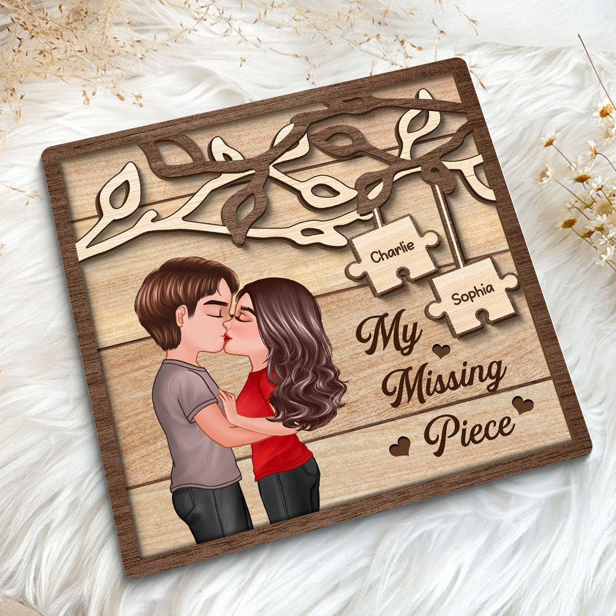Couple Kissing Under Tree My Missing Piece Personalized 2-Layer Wooden Plaque