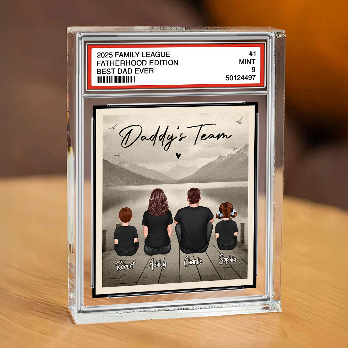 Daddy's Team Dad & Kids Sitting Trading Card Style Personalized Acrylic Block Plaque