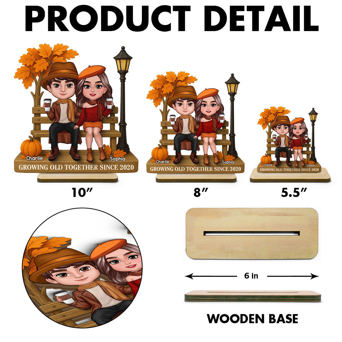 3D Effect Fall Season Couple Sitting On The Bench Personalized 2-Layer Standing Wooden Plaque