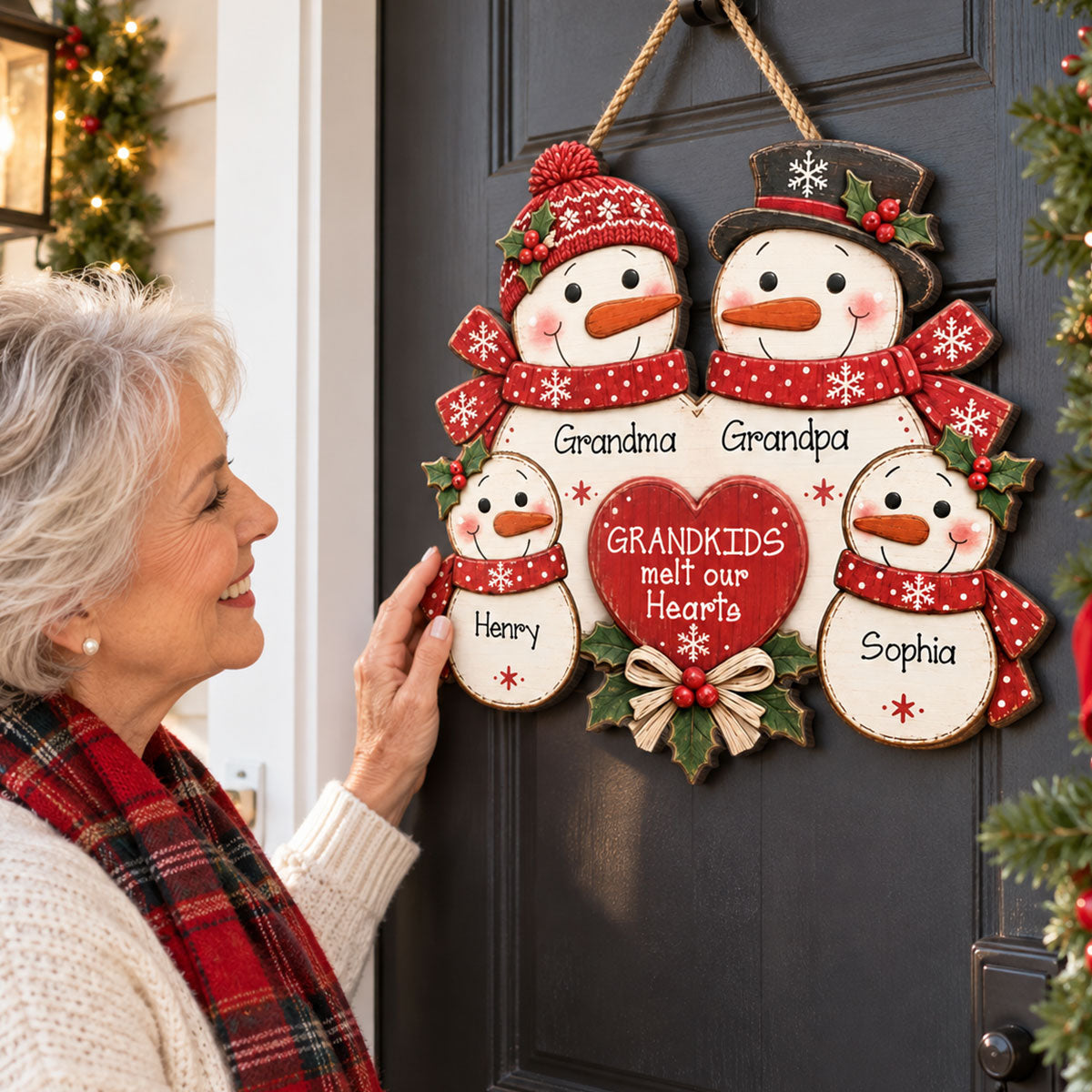 Merry Christmas Grandpa Grandma Grandkids Snowman - Personalized Wood Sign - Christmas Decor, Door Sign For Grandparents