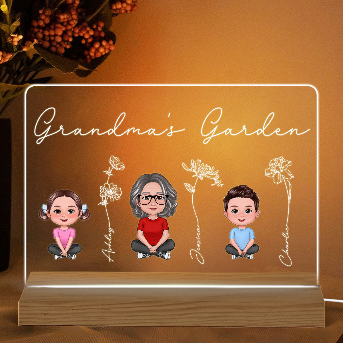 Grandma Grandkids Sitting Crossed Legs Outline Birth Month Flowers Mother‘s Day Gift Personalized Warm Acrylic Plaque LED Night Light