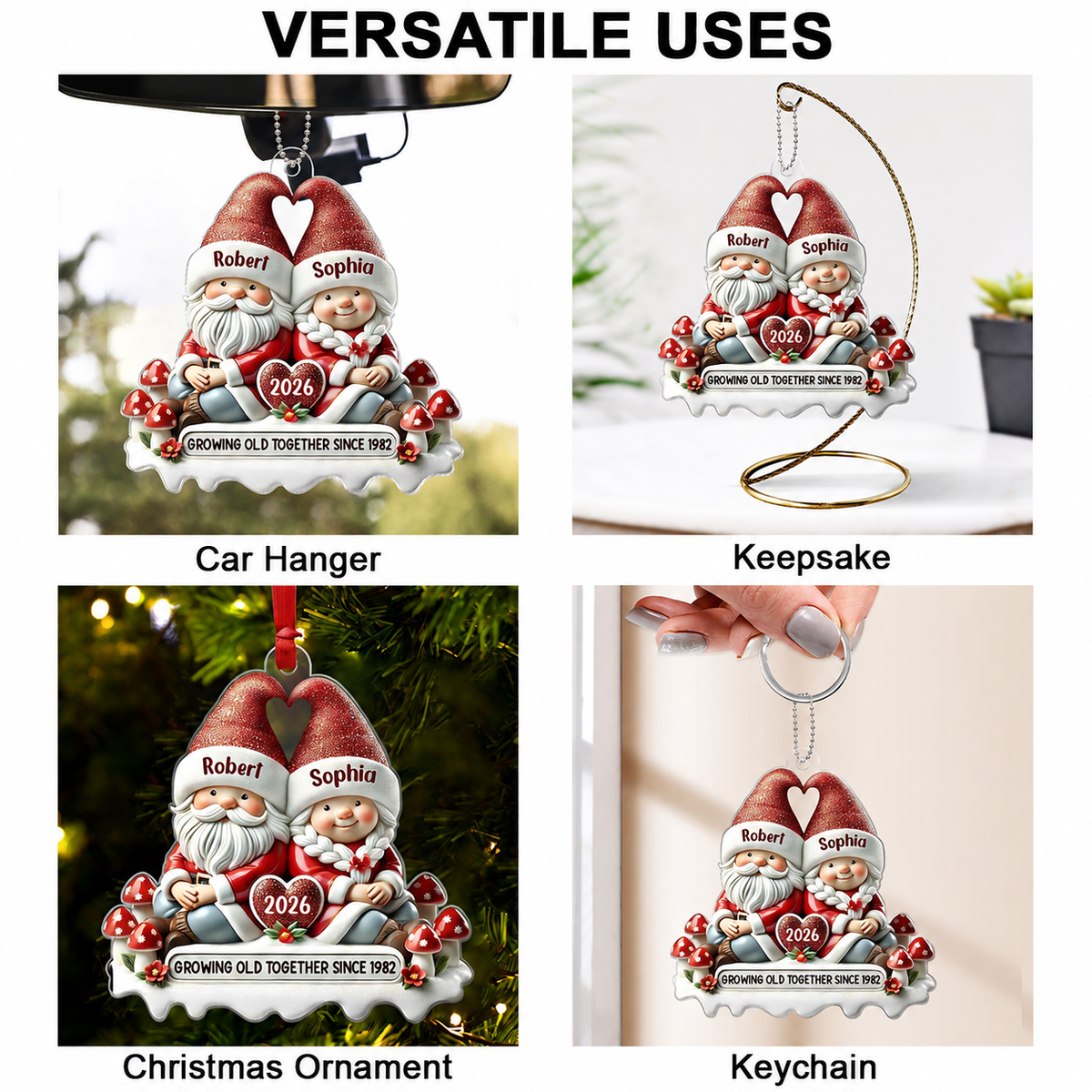 3D Effect Gnome Couple Personalized Acrylic Car Hanger Ornament, Valentine's Gift For Him, For Her, Husband, Wife
