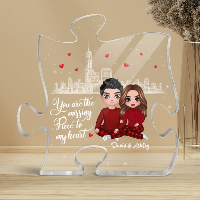 The Missing Piece To My Heart Doll Couple Sitting Embracing Personalized Puzzle Acrylic Plaque