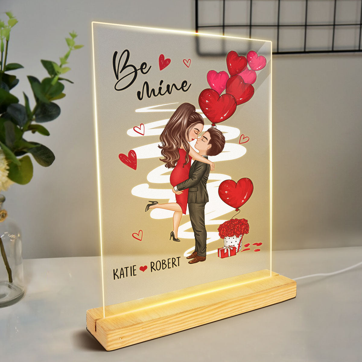 Be Mine Doll Couple Kissing - Personalized Acrylic Block Plaque LED Night Light - Anniversary Gift For Him, Gift For Her