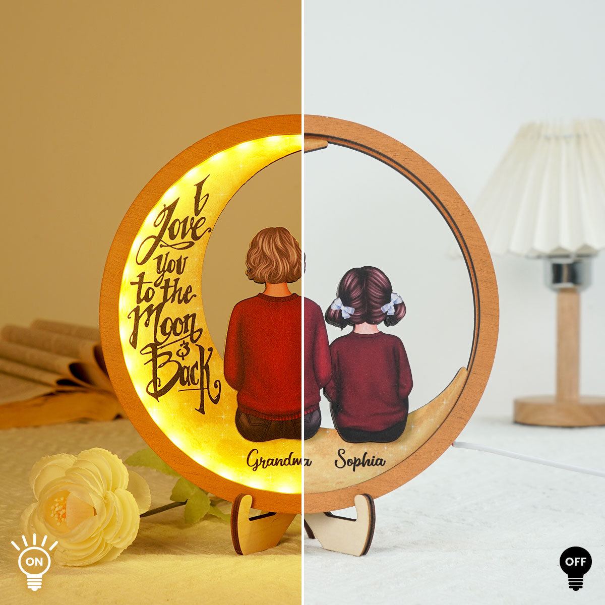 Grandma & Grandkids I Love You To The Moon And Back Personalized 2-Layered Wooden Frame With LED, Mother's Day gift for Grandma