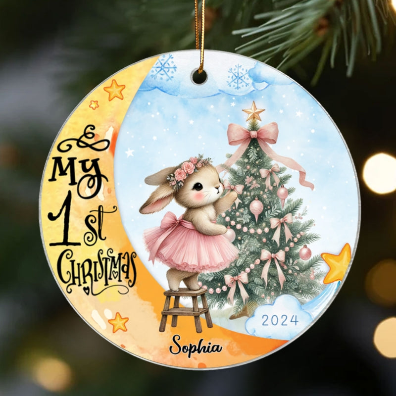 Baby's First Christmas Rabbit On Moon Personalized Acrylic Ornament, Baby's First Christmas Keepsake for New Mom New Dad