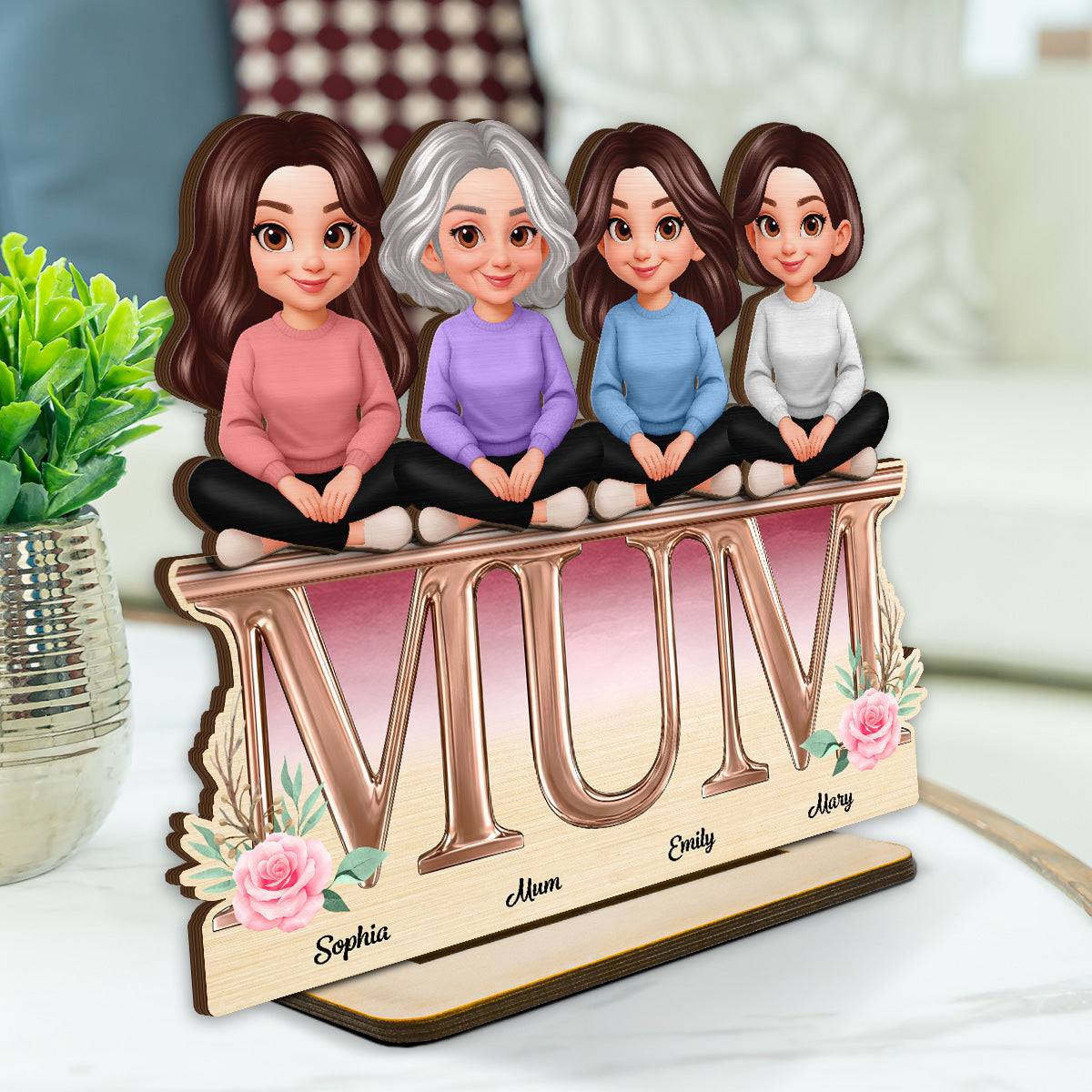 Floral MUM And Daughters Sons - Personalised 2-Layered Wooden Plaque - Gift For Mum
