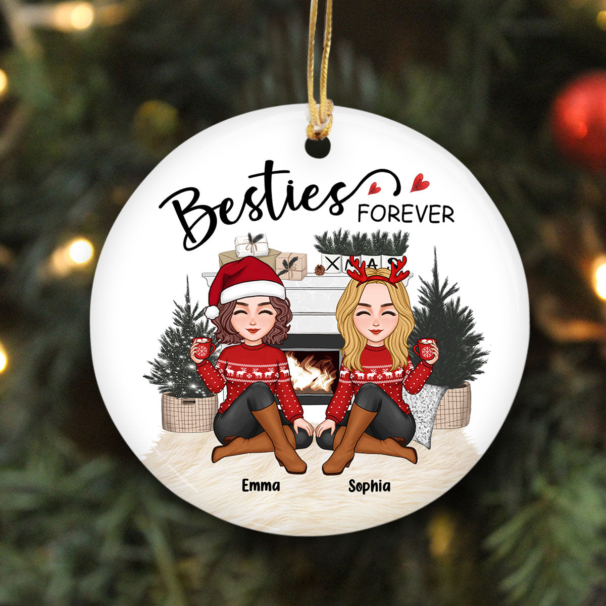 Cute Besties Sitting White Christmas Fireplace Personalized Circle Ornament