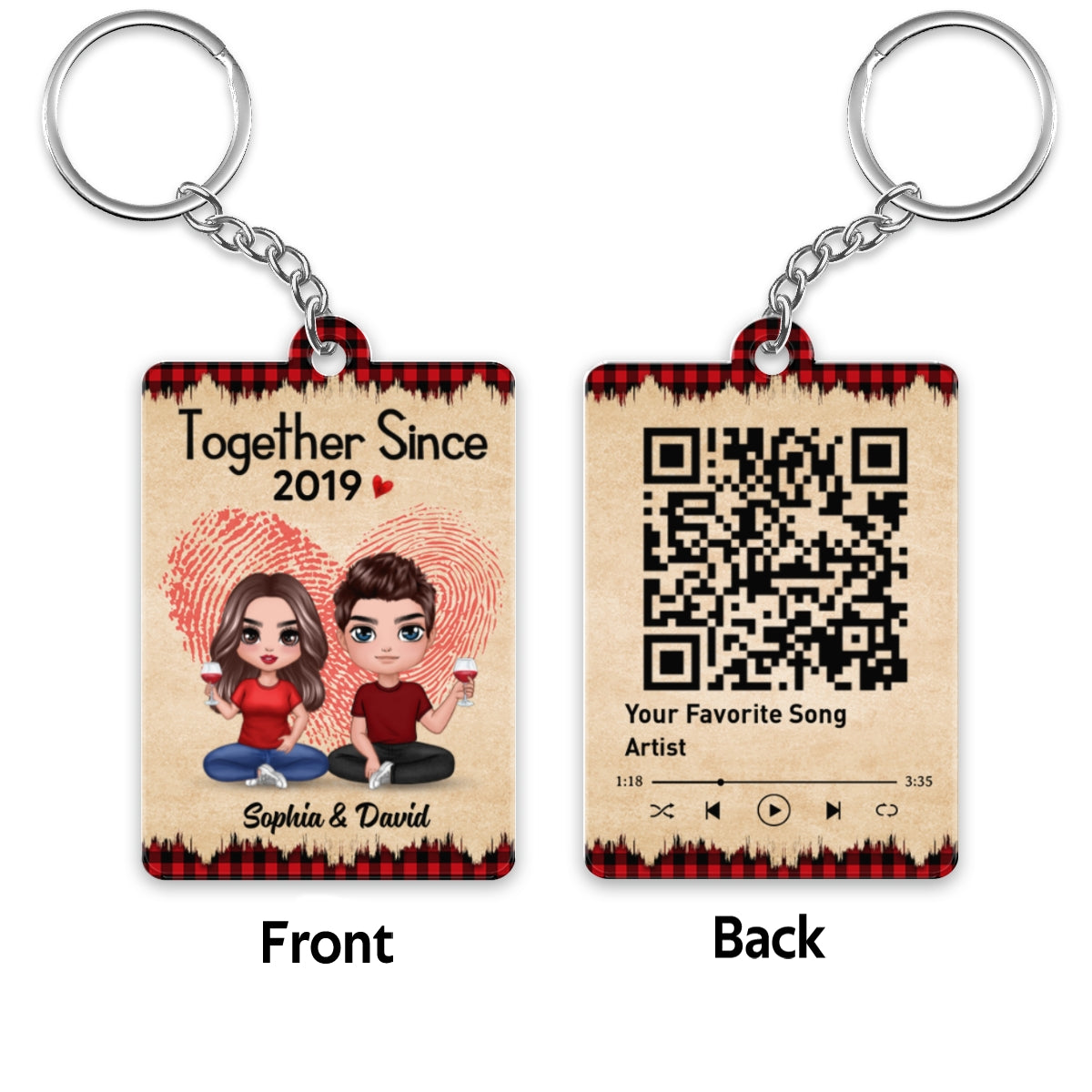 Fingerprint Checkered Pattern Doll Couple Sitting Favorite Song Scannable QR Code Personalized Acrylic Keychain