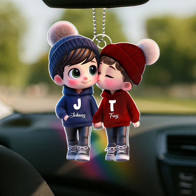 Personalized 3D Cartoon Gay Couple Car Ornament – Cute Acrylic Gift for Pride Month