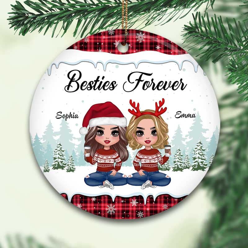 Doll Besties Sitting Checkered Pattern Christmas Personalized Circle Ornament