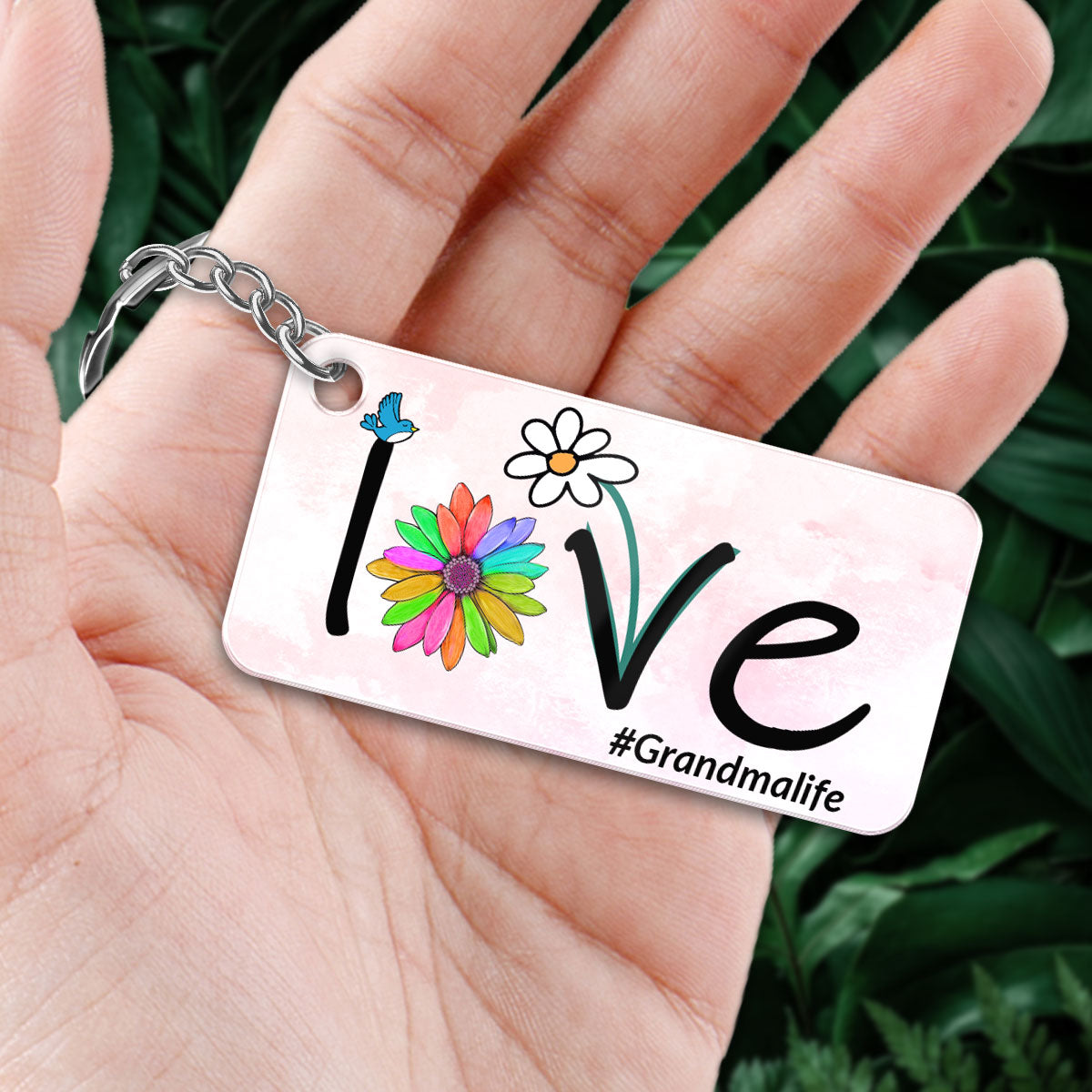 LOVE Flower Grandma Mom Life Back View Woman And Kids Dogs Cats Sitting Personalized Acrylic Keychain