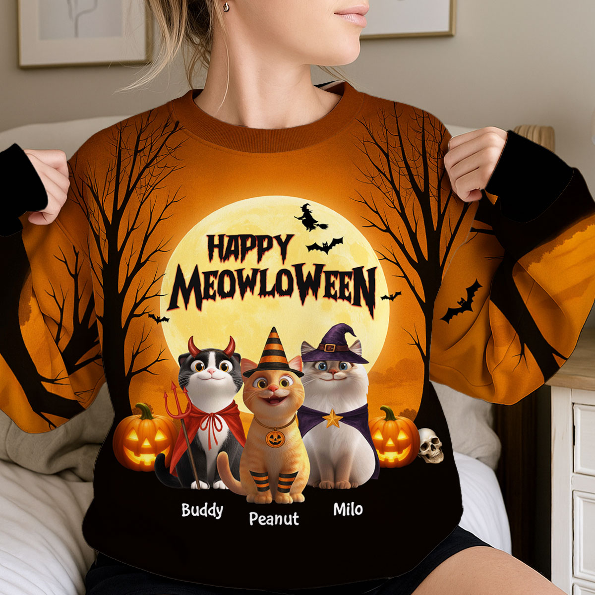 Happy Meowloween Personalized 3D Sweatshirt, Halloween Costume for Cat Lovers