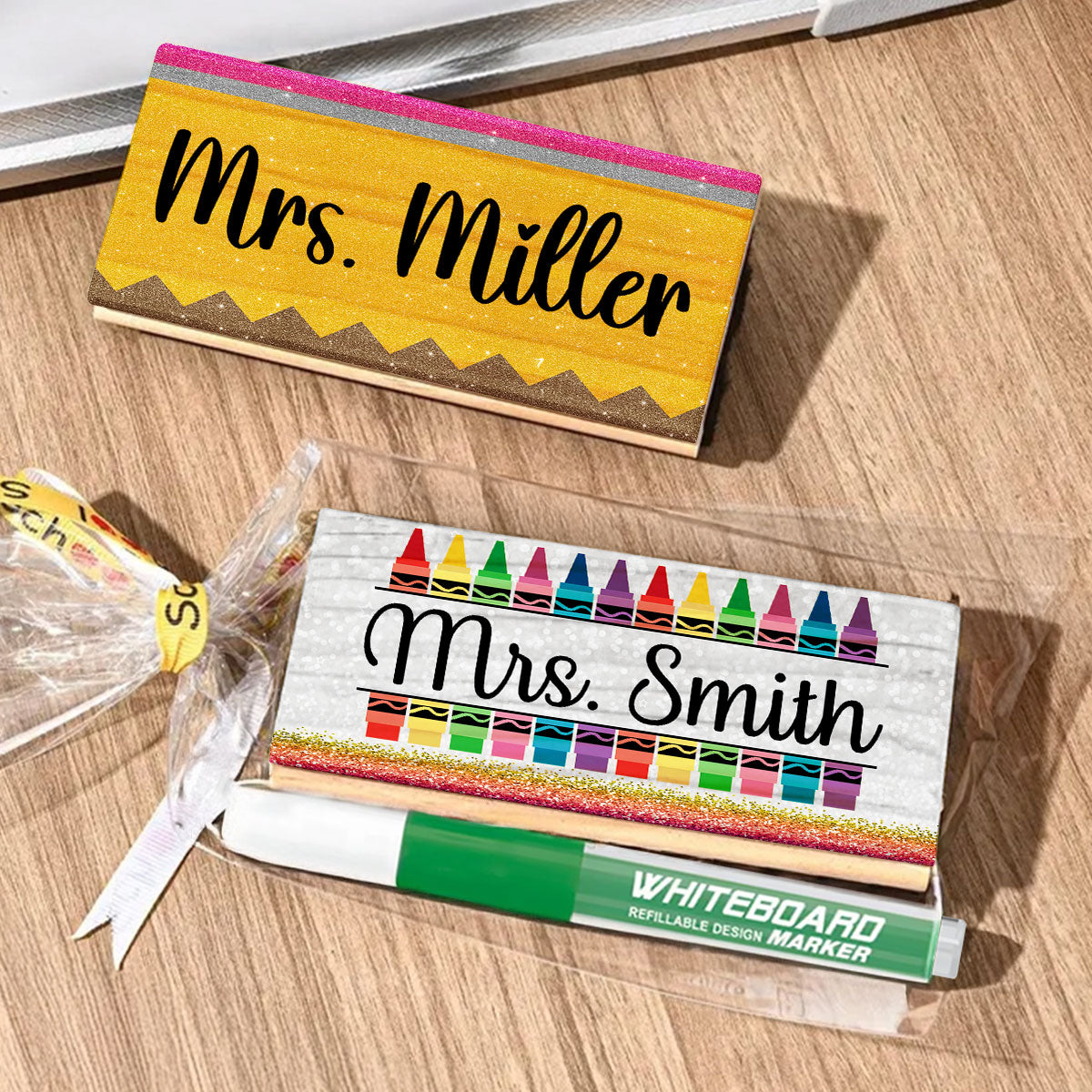 Teacher Pencil Glitter Pattern Personalized Teacher Whiteboard/Chalkboard Eraser with Marker, Teacher Appreciation Gifts, Back-to-School Teacher Gift Set