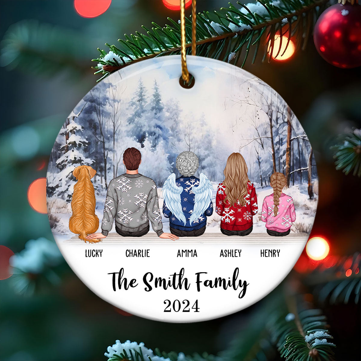 Personalized Big Christmas Family Ornament, Sitting Family Back View, Merry Christmas
