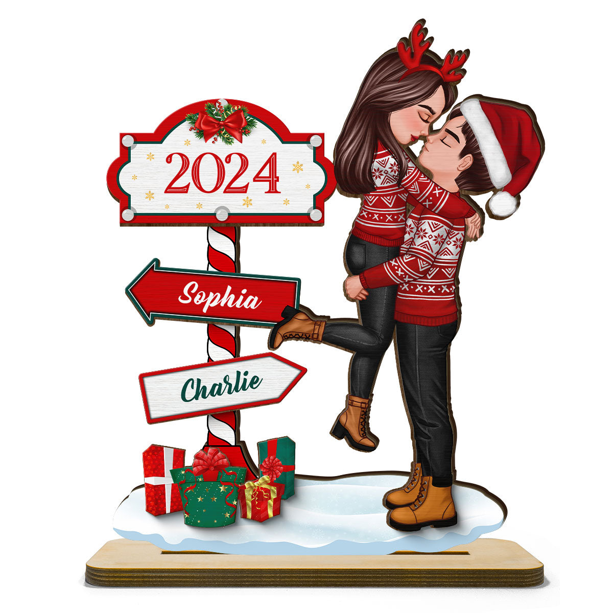 Couple Hugging Kissing North Pole Sign Christmas Decor Personalized 2-Layer Standing Wooden Plaque