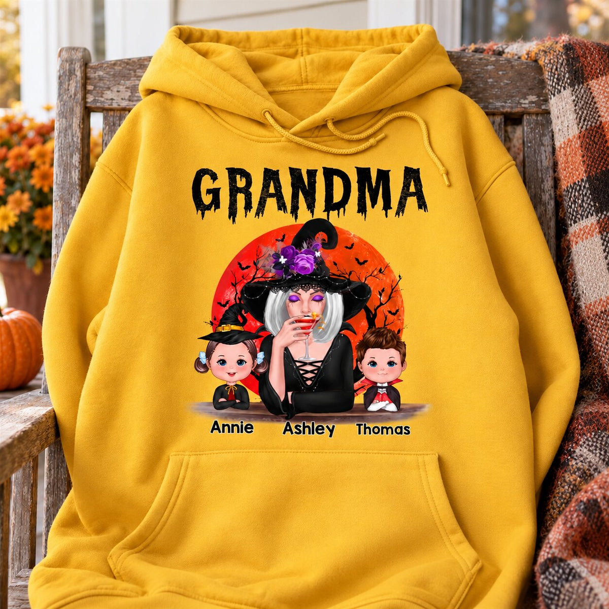 Halloween Moon Grandma Mom Witch With GrandKids Personalized Shirt
