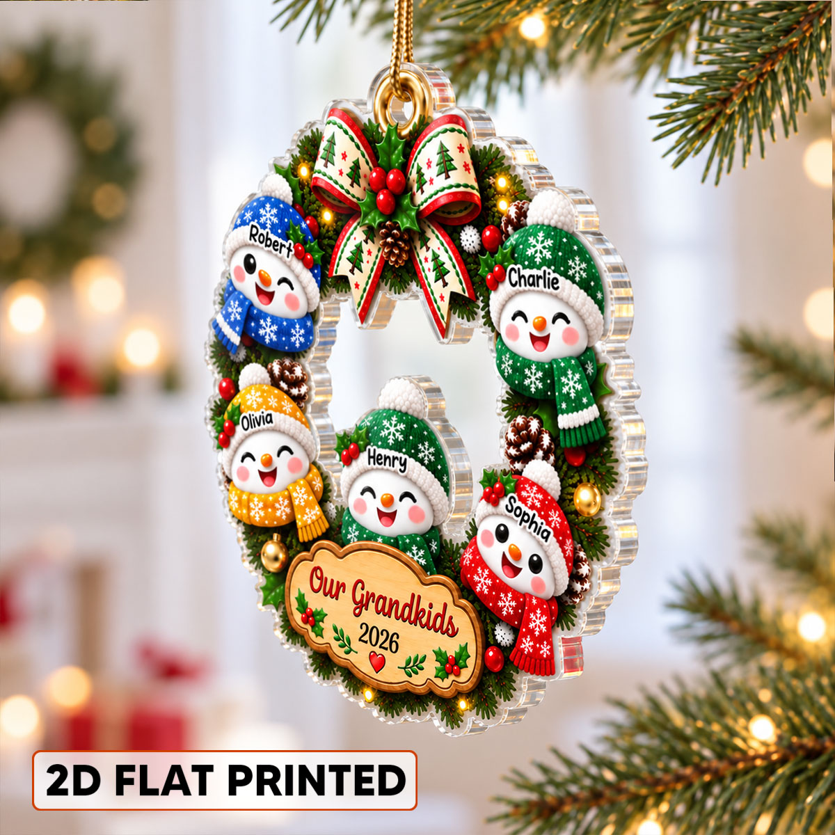 Our Grandkids Snowman Christmas Wreath 2026 - Personalized Acrylic Ornament - Christmas Gift For Kids, Grandkids