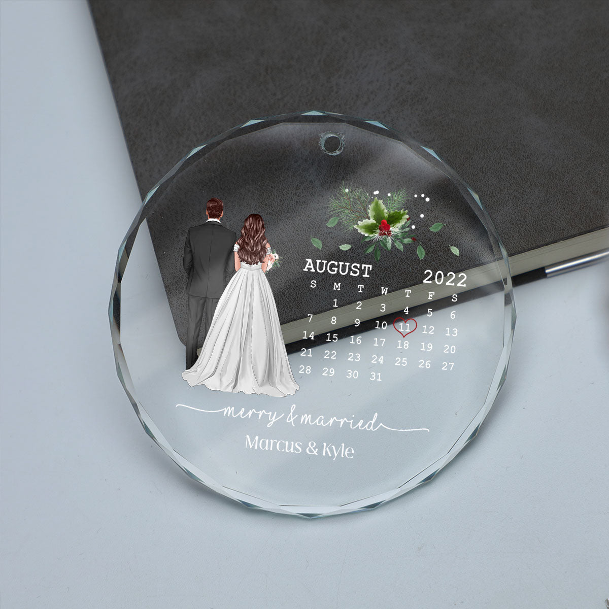 Merry And Married First Christmas Couple Calendar Personalized Christmas Glass Ornament, Anniversary Gift, Newlywed Gift, Wedding Gift