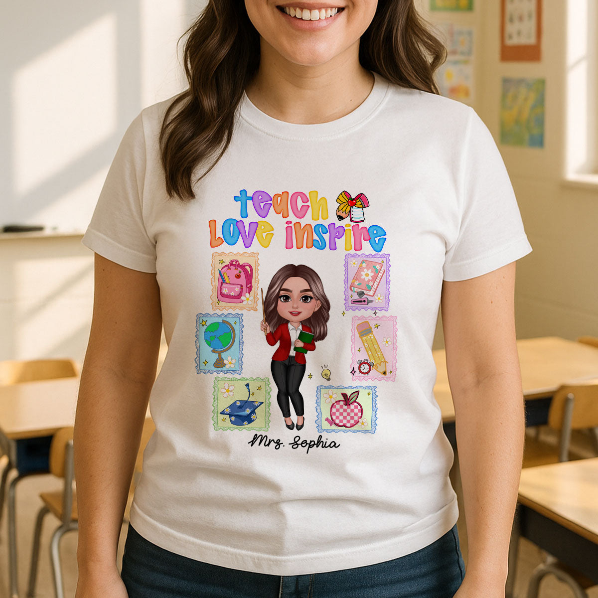 Teach Love Inspire Preppy School Thing Stamp Teacher Personalized Shirt, Back to School