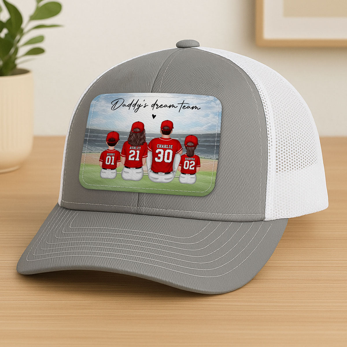 Baseball Daddy's Team Man & Kids Sitting Personalized Leather Patch Hat