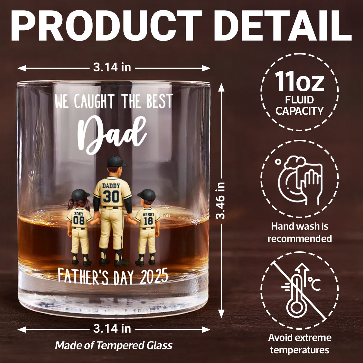 We Caught The Best Dad Baseball Personalized Whiskey Glass, Dad And Kids Holdhing Hands, Father's Day Gift for Dads
