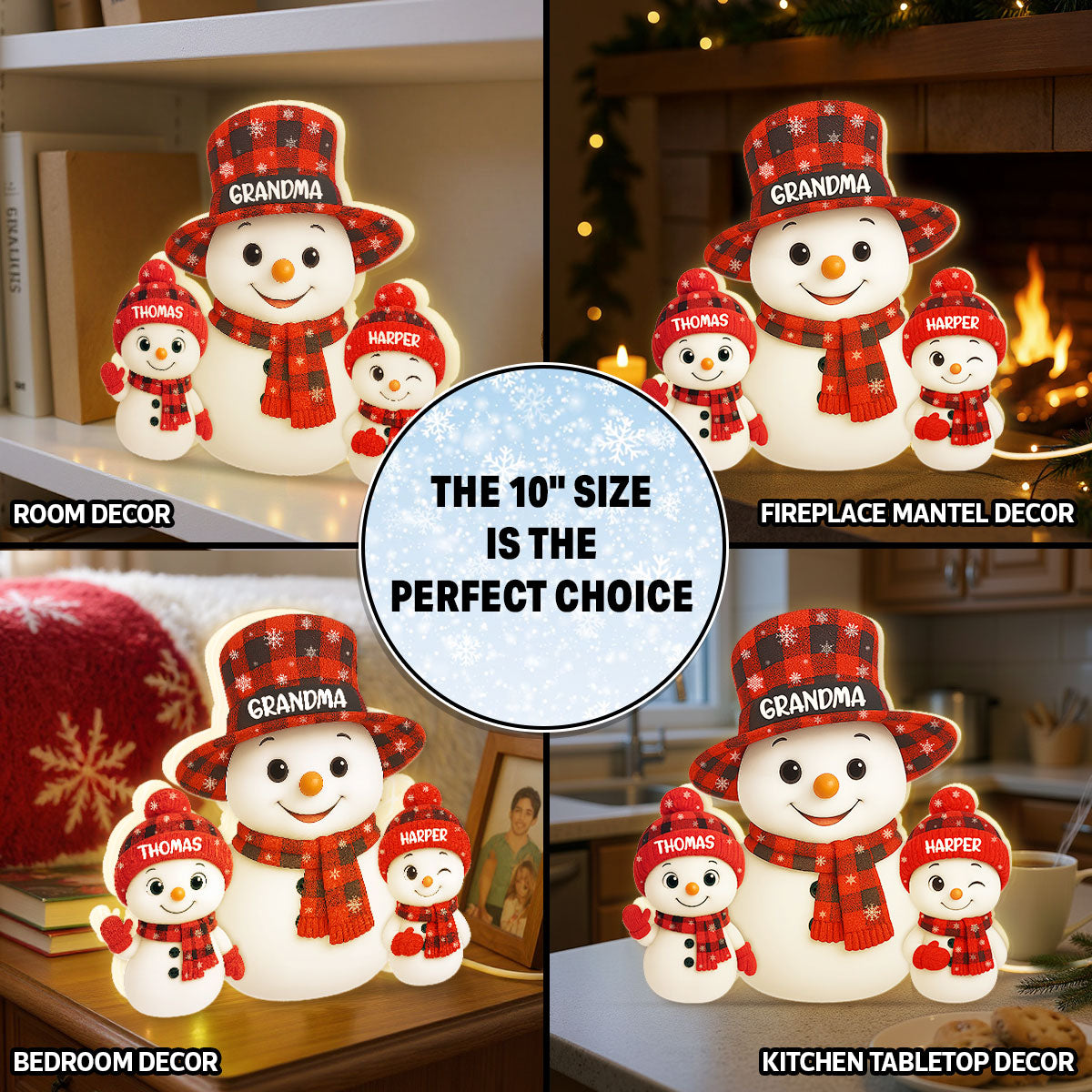 Christmas Checkered Pattern Grandma Grandkids Snowman Together - Personalized Light Box - Gift For Grandmas