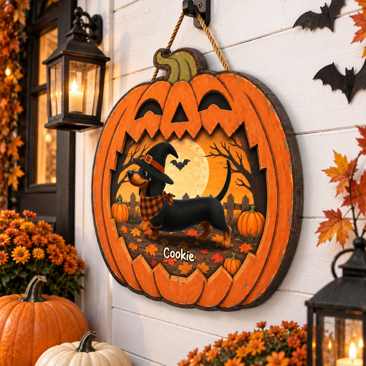 Halloween Dachshund Happy Halloweenie - Personalized Wood Sign - Halloween Decorations For Dachshund Lovers