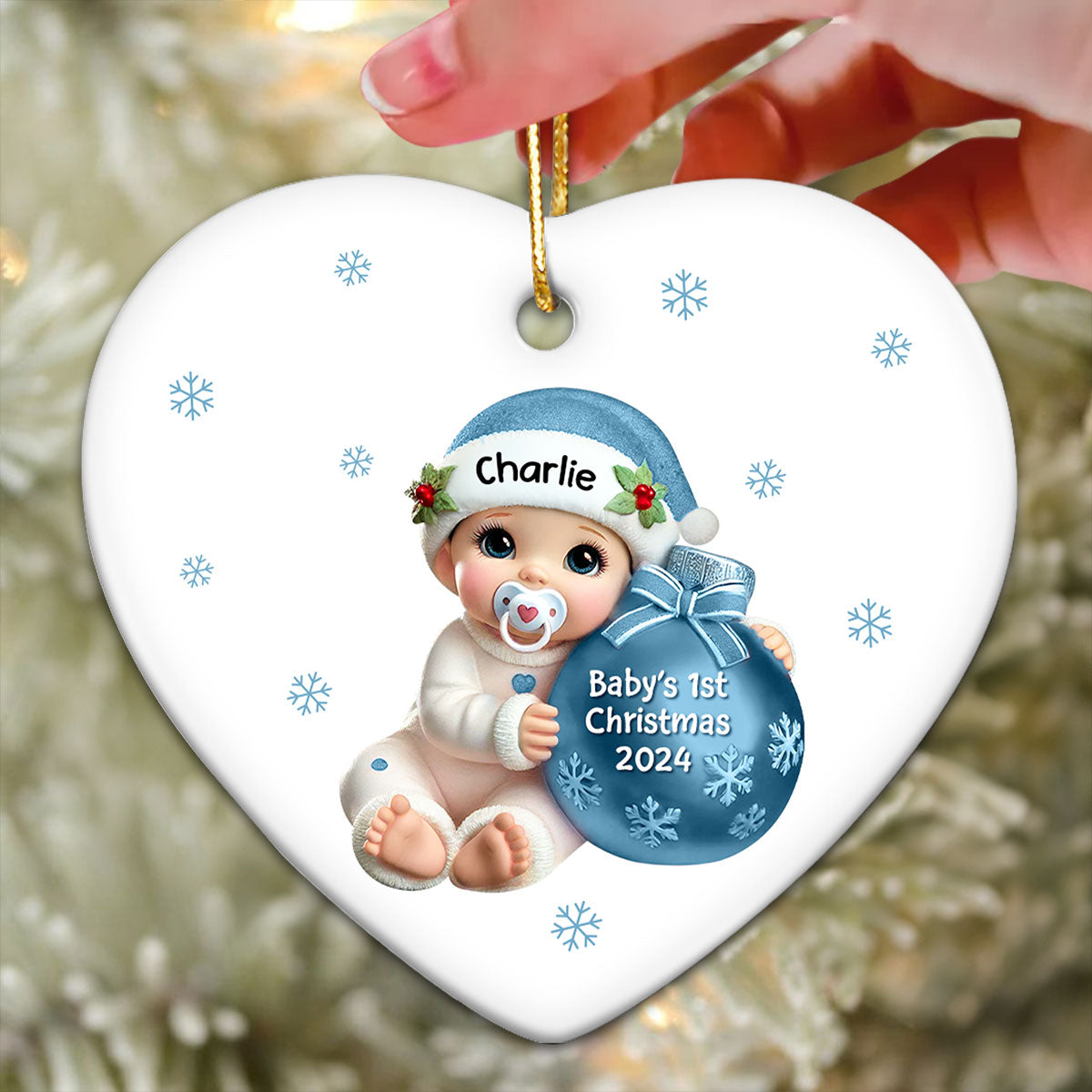 Baby Beside Christmas Bauble Baby's First Christmas Personalized Flat Heart Ceramic Ornament