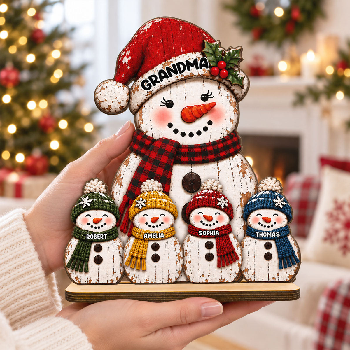 Rustic Grandma Grandkids Snowman - Personalized 2-Layered Wooden Plaque - Christmas Decor For Grandma, Mom