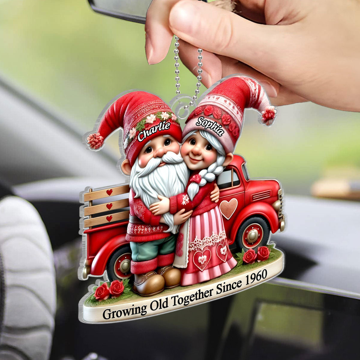 3D Effect Gnome Old Couple And  Truck Personalized Car Hanger Ornament,  Gift For Couple, For Him, For Her, Husband, Wife