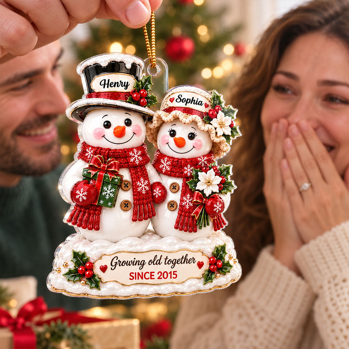 Snowman Couple Growing Old Together - Personalized Acrylic Ornament - Christmas Keepsake Gift for Her, Gift for Him