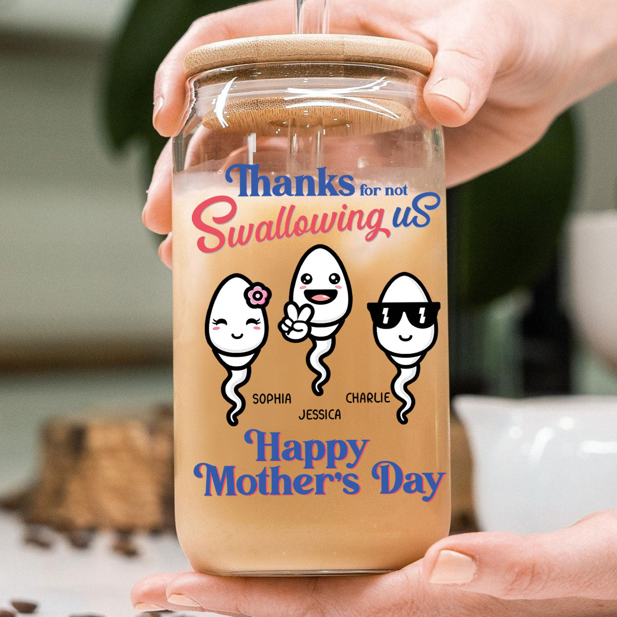 Thanks For Not Swallowing Us Funny Mother‘s Day Gift Personalized Clear Glass Can
