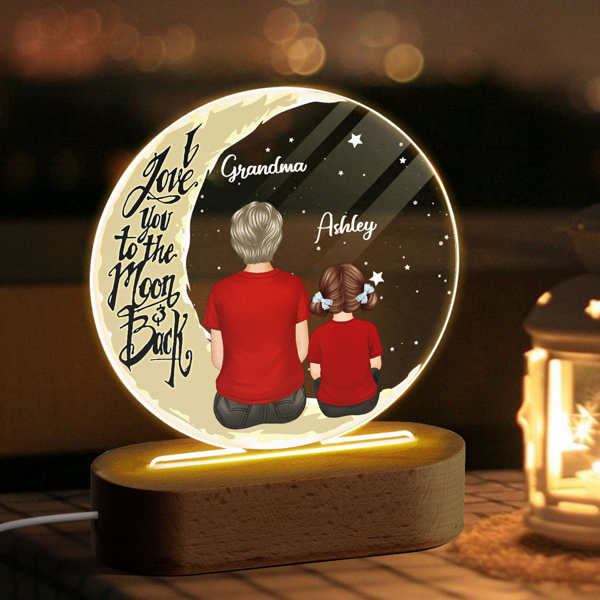 Grandma Grandkids On Moon - Personalized Acrylic Block/ Plaque LED Night Light