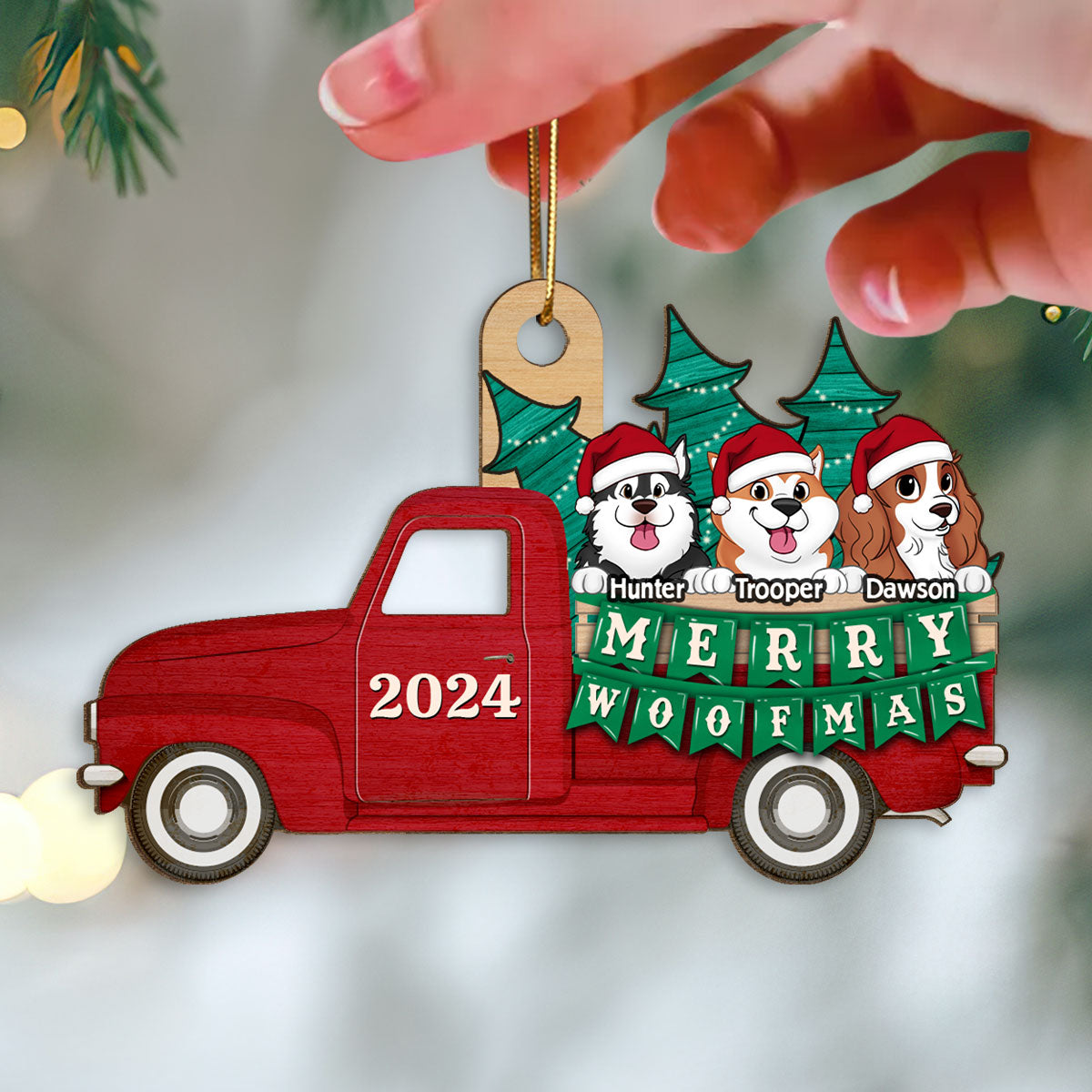 Happy Dog On Truck Personalized Wooden Ornament