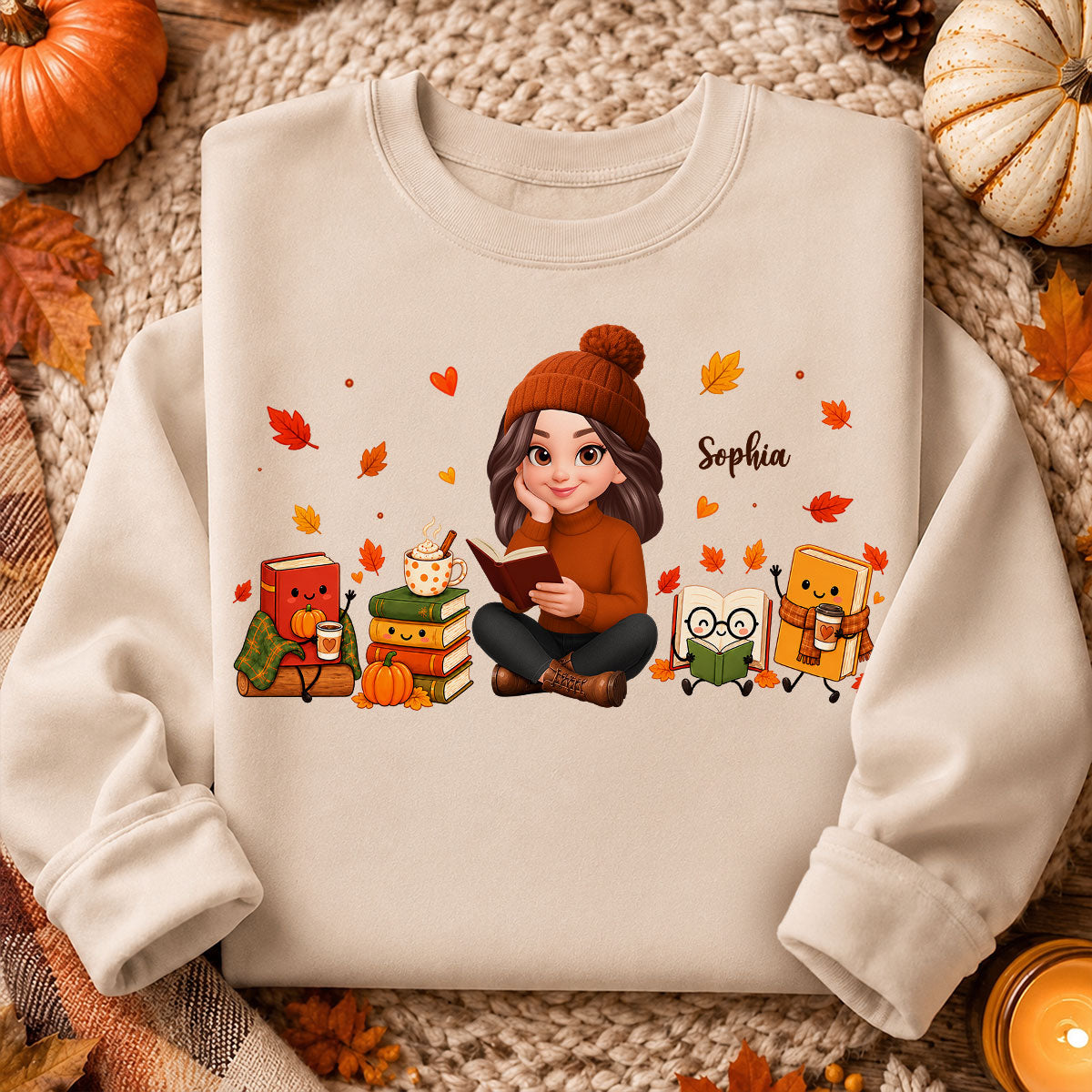 Cozy Fall Vibe Just A Woman Who Loves Books Cute Doodle Kawaii Style - Personalized Shirt - Fall Gift For Book Lovers