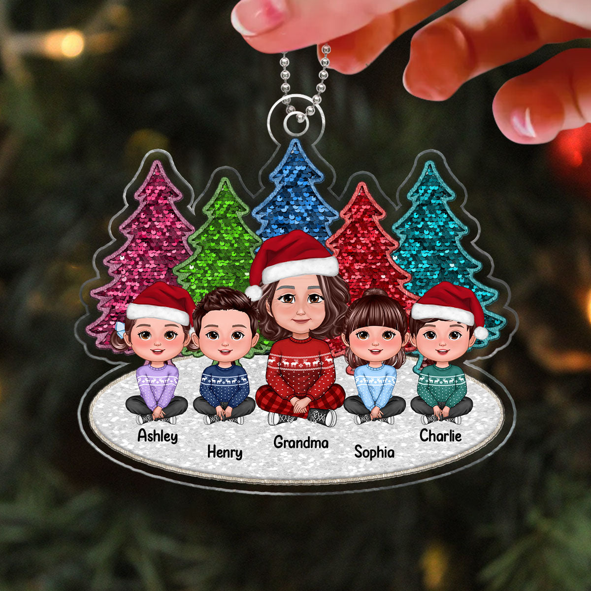 Sequins Pattern Christmas Trees Grandma & Grandkids Sitting Personalized Acrylic Ornament