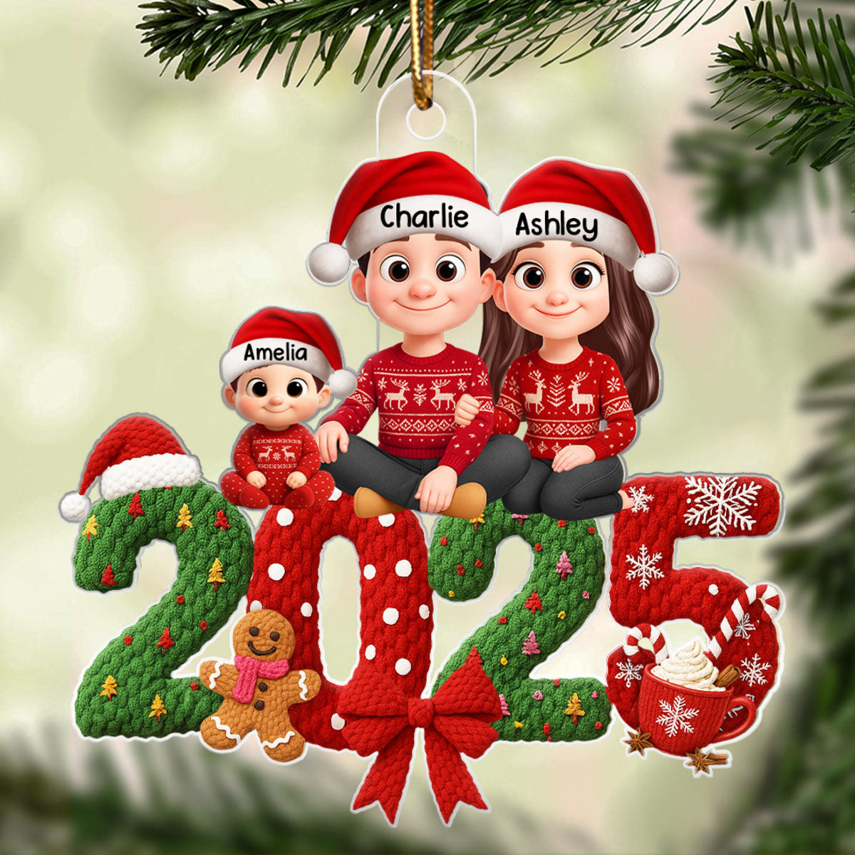 Family Sitting 2025 Latch Hook Yarn Faux - Personalized Acrylic Ornament - Christmas Gift for Family