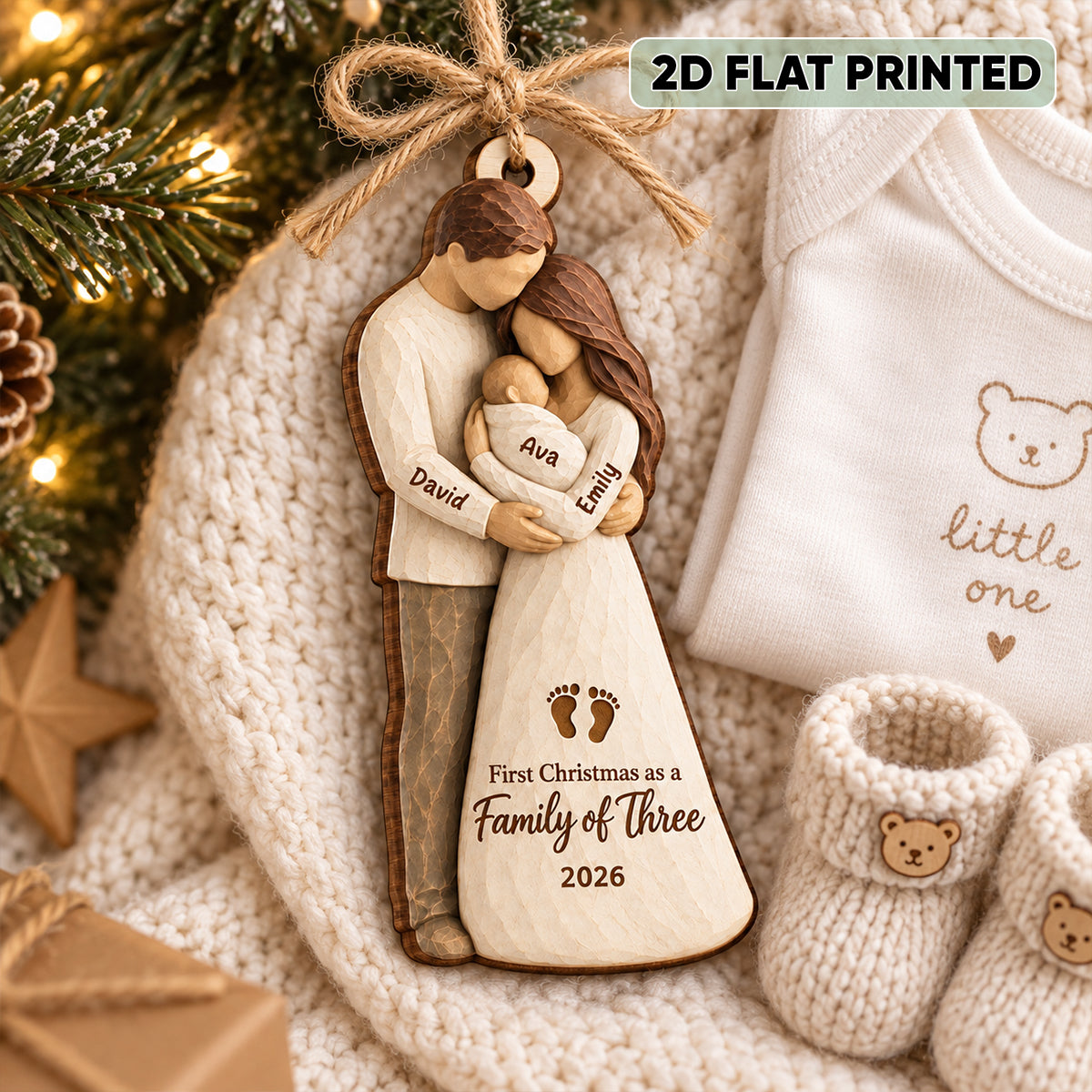Family Of Three Standing 2D Flat Printed - Personalized Wooden Ornament - First Christmas Keepsake For New Parents
