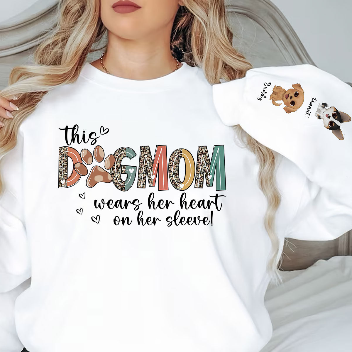 Dog Mom Wears Her Heart On Her Sleeve, Watercolor Cute Dog, Gift For Dog Mom, Personalized Sleeve Printed Sweatshirt