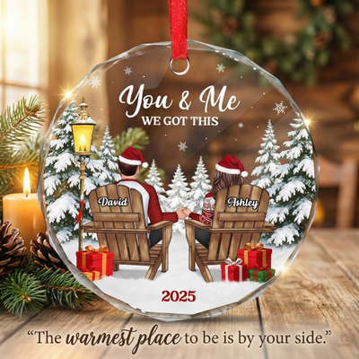 Couple Sitting Winter Landscape - Personalized Glass Ornament - Christmas Gift For Him, For Her, Anniversary Gift