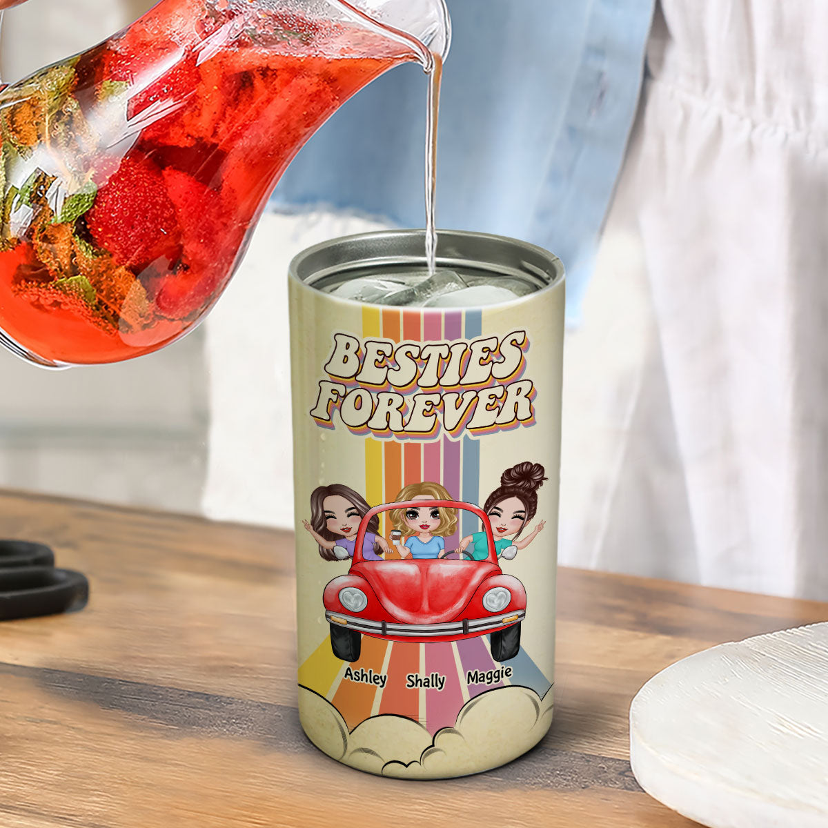 Besties Sisters On Car Colorful Stripe Personalized 4 In 1 Can Cooler