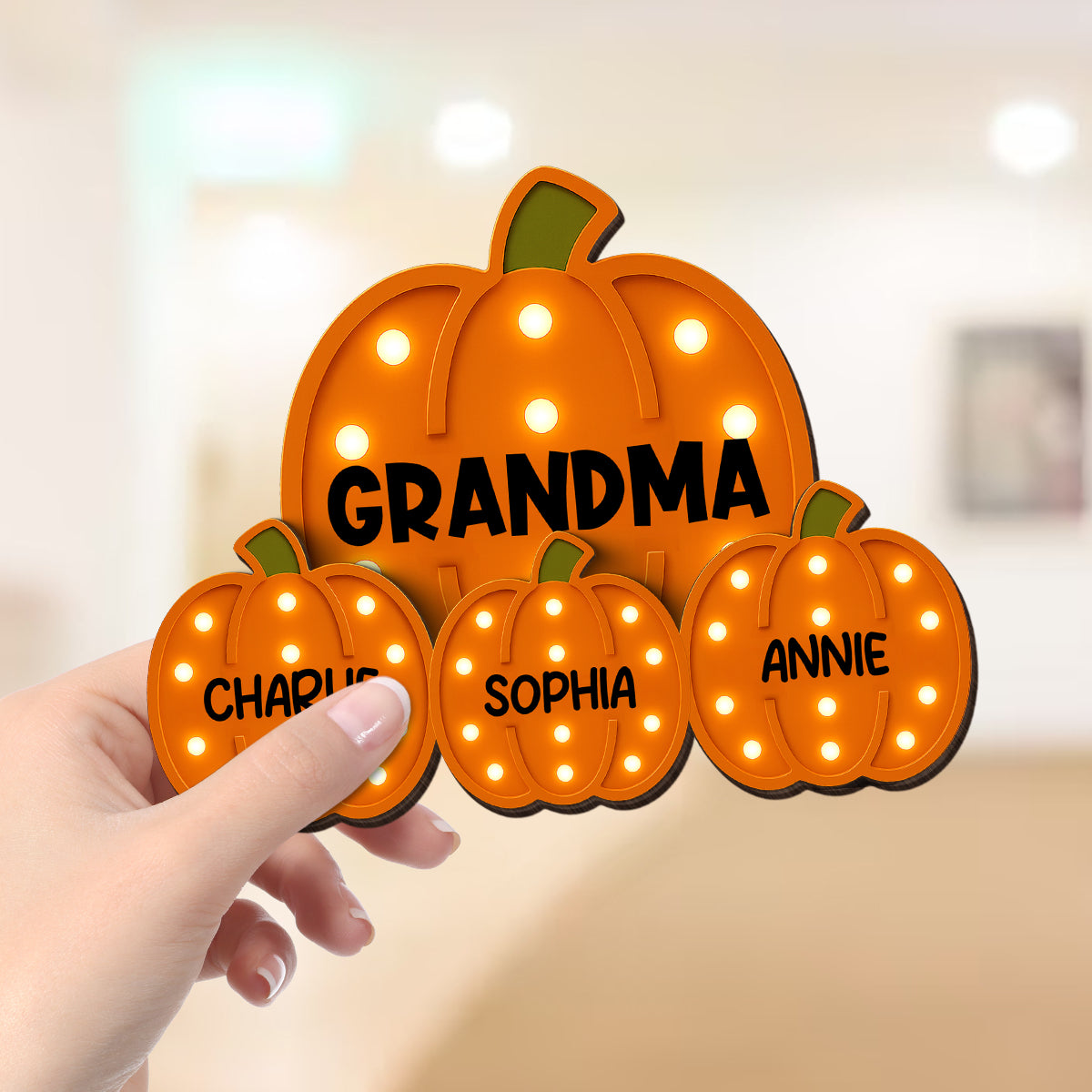 Grandma Little Pumpkins Faux Marquee Pattern Personalized 2-Layer Wooden Plaque, Cozy Fall Season Home Decor