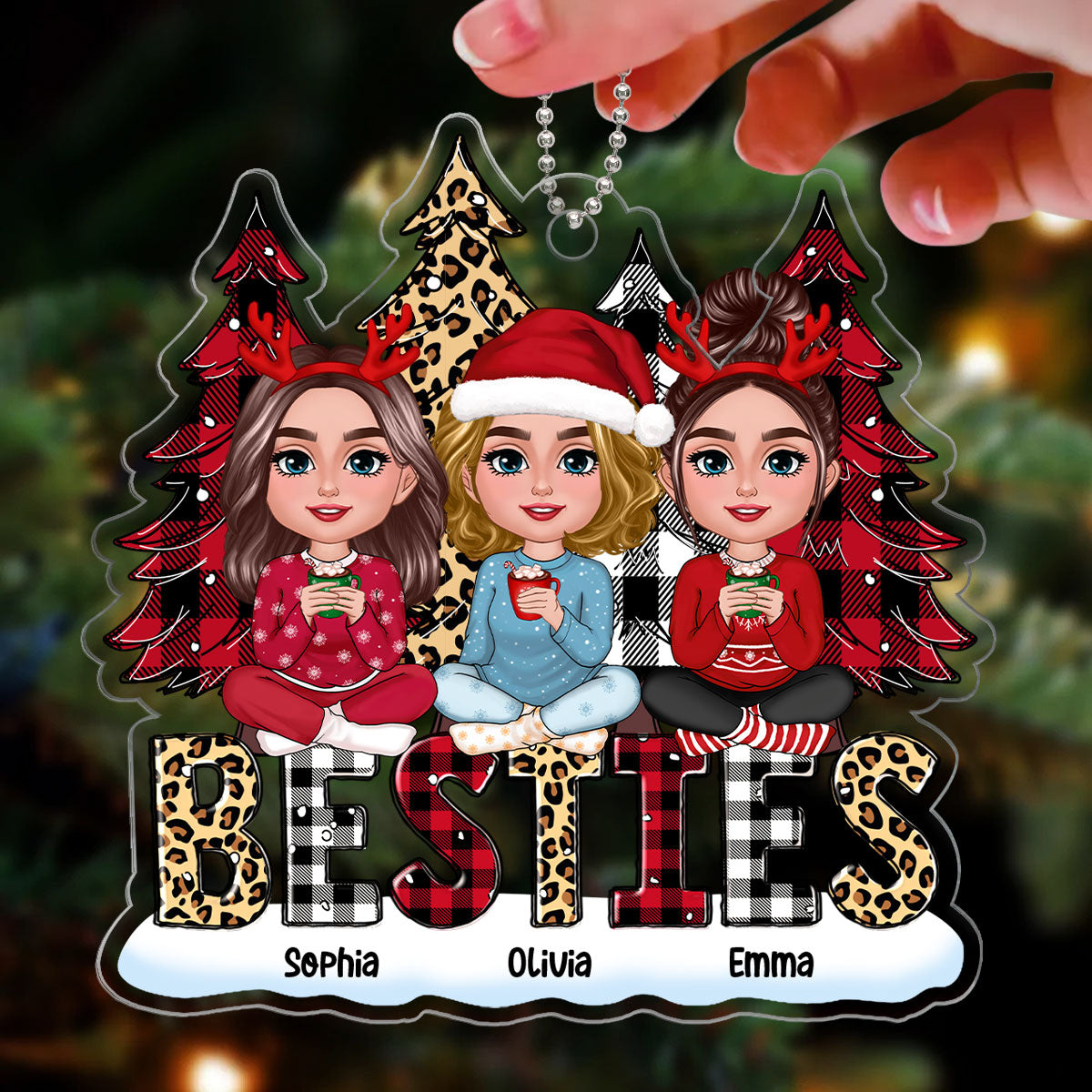 Leopard Checkered Pattern Christmas Tree Besties Sisters Personalized Circle Ornament