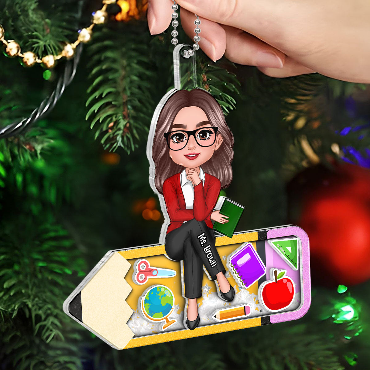Doll Teacher Sitting On Pencil Personalized Shaker Ornament, Christmas Gift