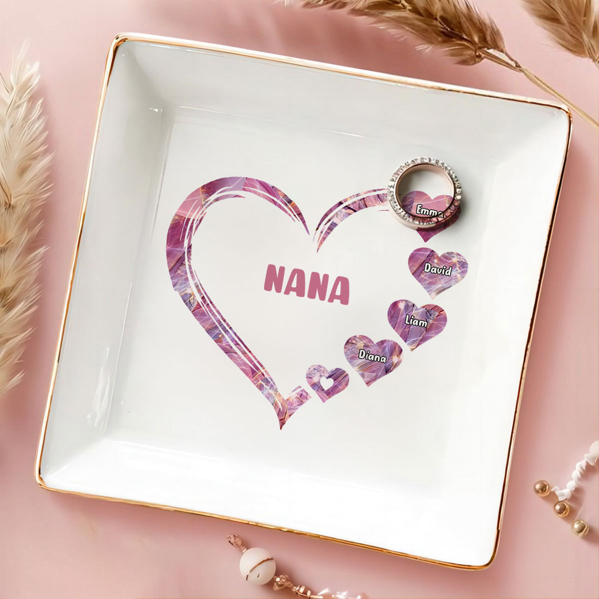 Grandma Mom Hearts Marble Patterned Personalized Jewelry Dish, Birthday Gift for Grandma, Christmas Gift